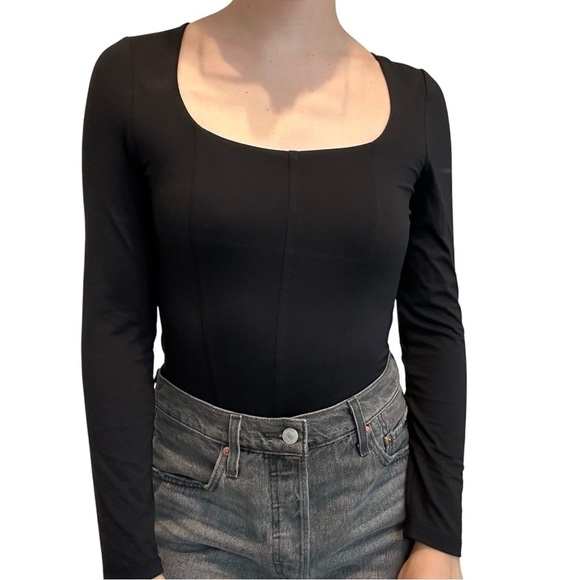 House of Harlow 1960 Long Sleeve Bodysuit Black Square Neck Scoop Size Small - Picture 7 of 7